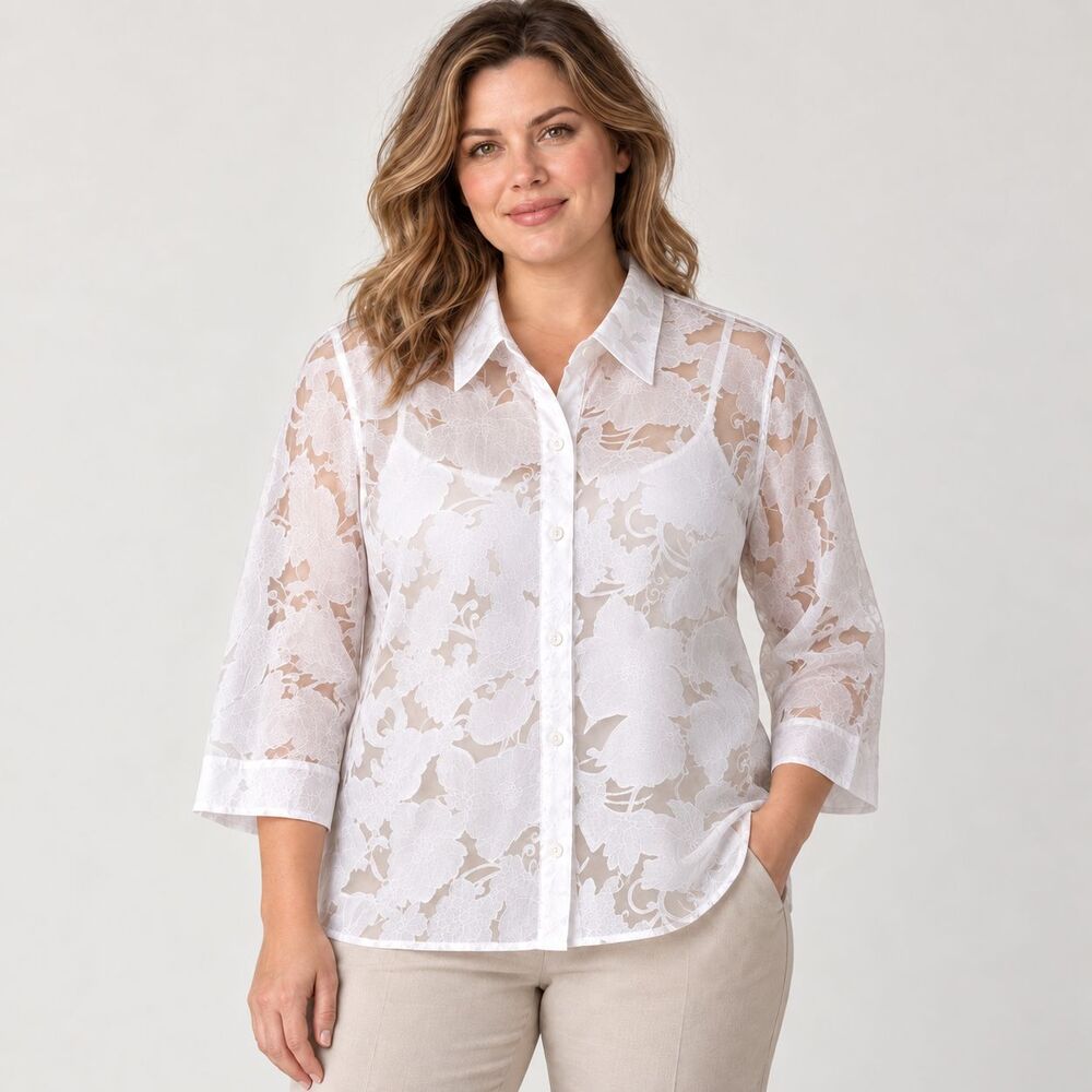 Alfred Dunner Women 12 White Sheer Floral Embroidered Button Blouse 3/4 Sleeve